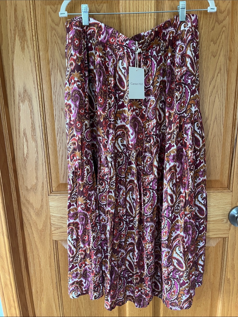 Garnet Hill  Paisley Midi Skirt; Mila Crepe Pull-on,angled pockets, lined,NWT LG